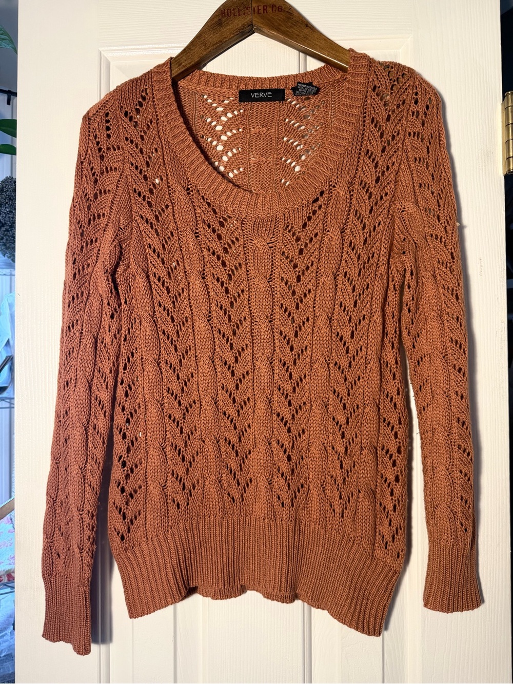Verve Women's Open-Knit Crewneck Sweater - Rust. Sz M